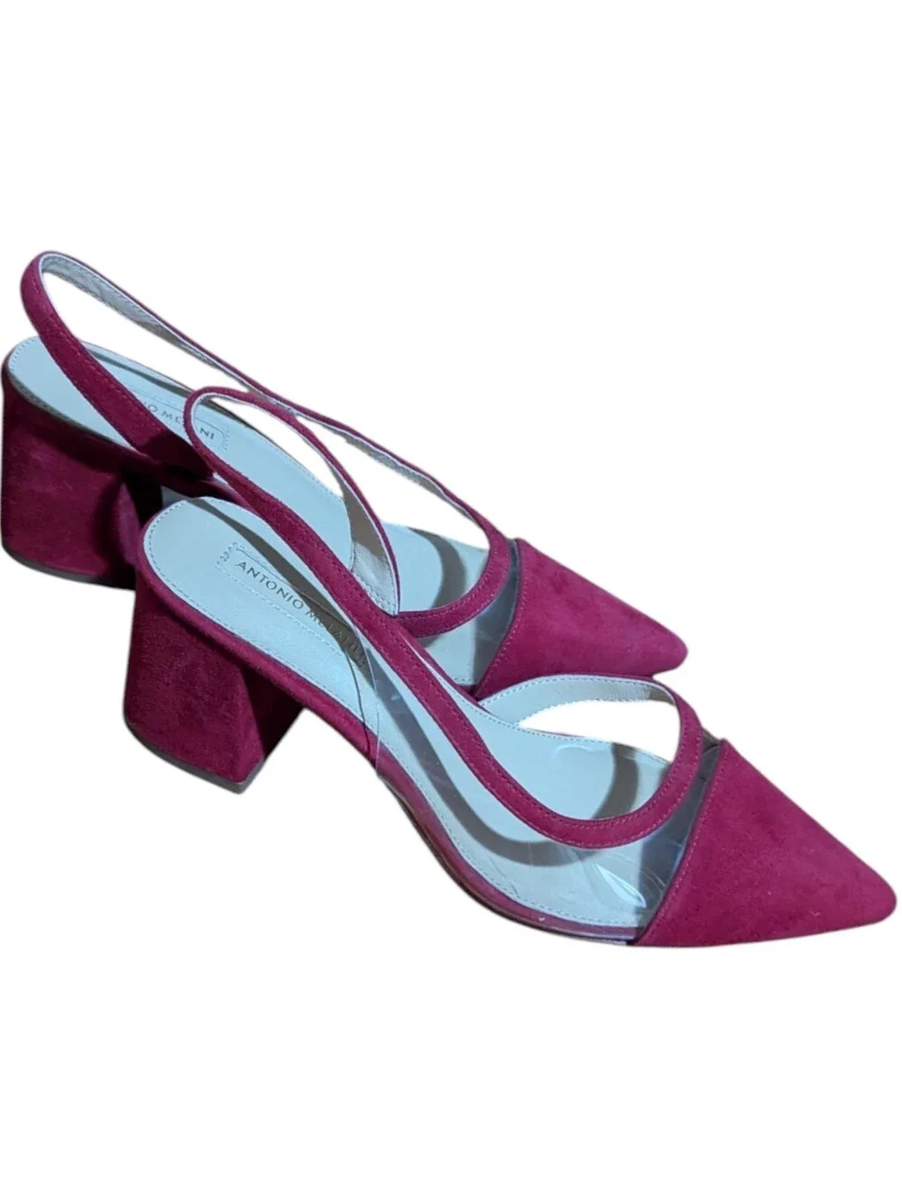 ANTONIO MELANI Red Suede Pointed-Toe Lucite Sides Slingback Block Heels Sz 8